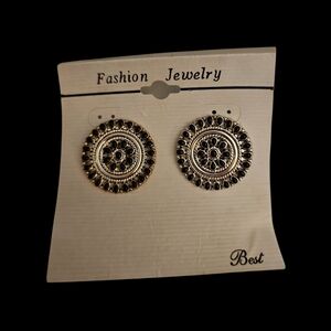 Vtg BEST Ethnic Black and Silvertone Round Mandala Earrings